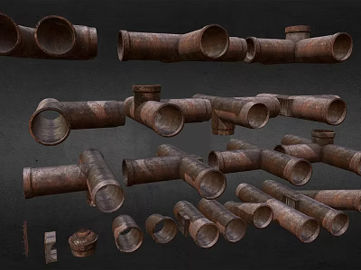 Rusty Metal Pipes With Different Types Of Fittings In Industrial Display Setup 3d model