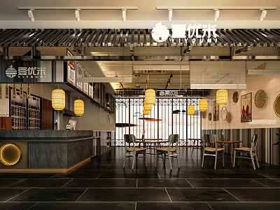 Modern Restaurant Interior With Open Layout Wooden Tables Chairs And Pendant Lights 3d model