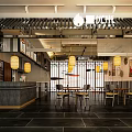 Modern Restaurant Interior With Open Layout Wooden Tables Chairs And Pendant Lights