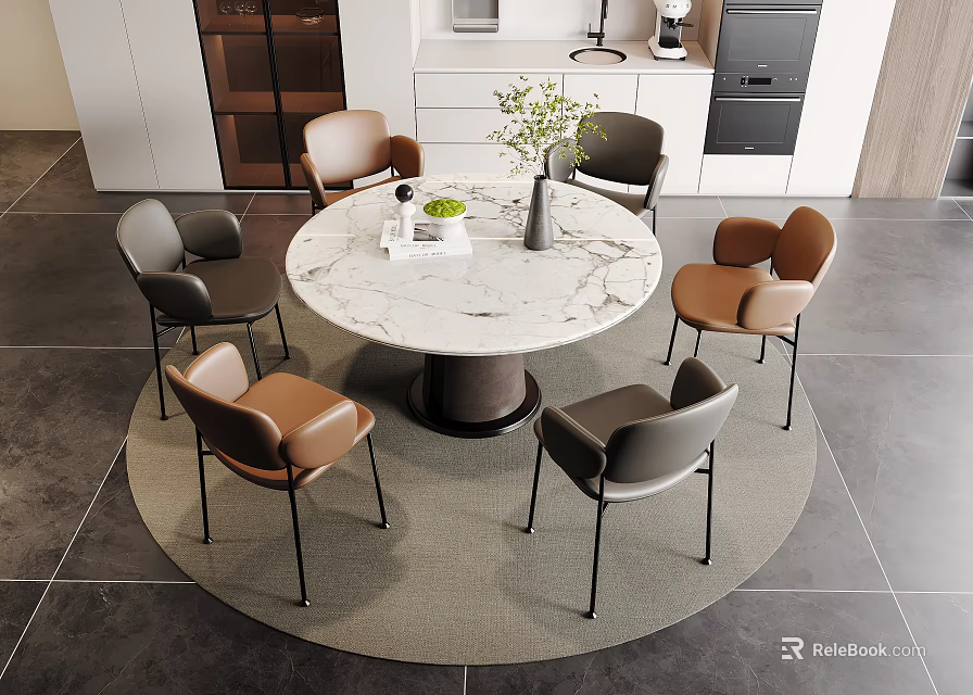 Modern Round Dining Table Set With Marble Top And Neutral Colored Chairs On Circular Rug 3d model
