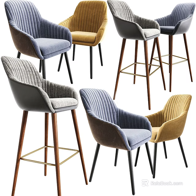 Various Colored Upholstered Bar Stools With Modern Design And Wooden Metal Legs 3d model 