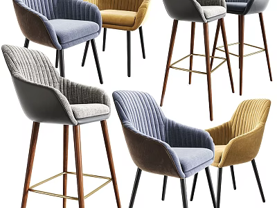 Various Colored Upholstered Bar Stools With Modern Design And Wooden Metal Legs 3d model