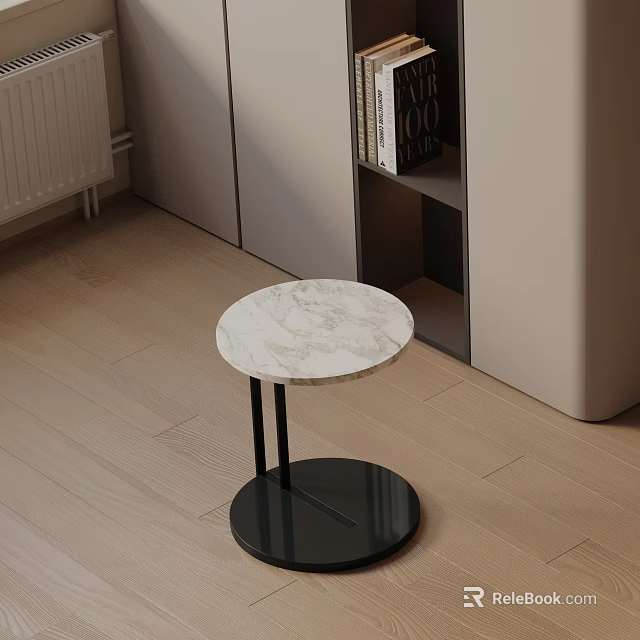 Modern Side Table With White Marble Top And Black Circular Metal Base 3d model 