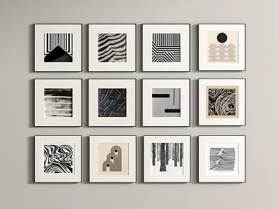Black And White Geometric Pattern Framed Wall Art Arranged On Neutral Wall 3d model
