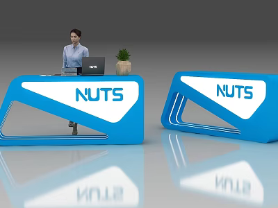 Professional Front Desk Reception With Blue Desk NUTS Logo Female Staff Laptop And Green Plant 3d model