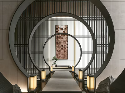 Elevator Hallway With Circular Black Striped Screen Yellow Lanterns Chinese Decorative Painting And Green Plants 3d model