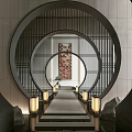 Elevator Hallway With Circular Black Striped Screen Yellow Lanterns Chinese Decorative Painting And Green Plants