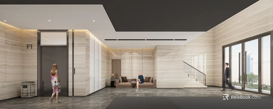 Modern Elevator Lobby Design With Marble Walls Sofa And Staircase Lighting 3d model