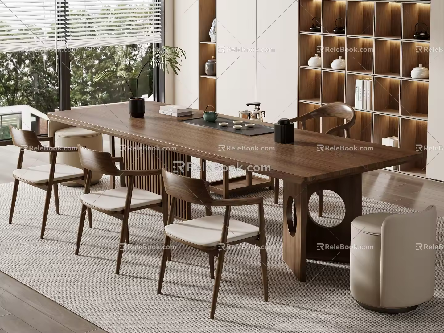 -Ji modern style tea table and chair combination tea table tea table tea chair big board table tea table reception table 3d model