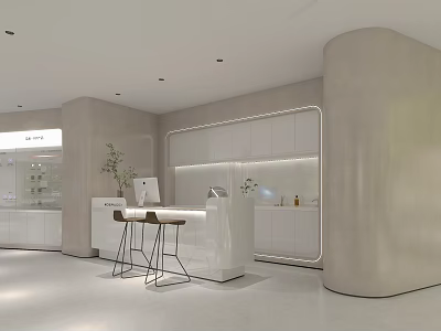Modern Reception Background Wall Design With White Counter LED Lighting And Green Plants 3d model