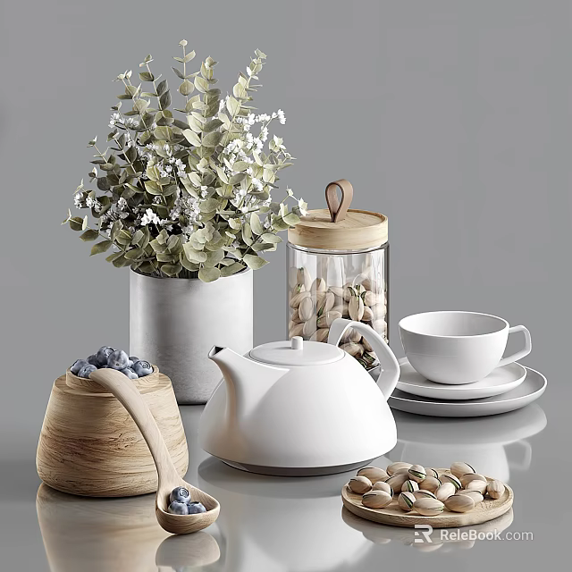 Modern Tea Set Featuring White Teapot Cup Saucer Glass Jar Wooden Bowl and Green Plant 3d model 