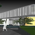 Modern Sales Office Building With Green Lawn Water Features Trees And Parking Area