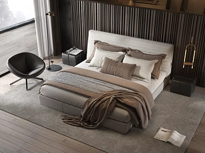 Modern Double Bed with Beige Brown Pillows Blanket Dark Wooden Panel Wall and Black Chair 3d model