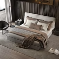 Modern Double Bed with Beige Brown Pillows Blanket Dark Wooden Panel Wall and Black Chair