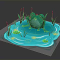 Green Frog on Lily Pad with Lotus Flowers and Aquatic Plants in Water Area