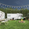Outdoor Garden Landscape With White Trailer Green Hammock String Lights Fire Pit And Green Lawn