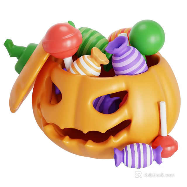 Halloween Decorative Ornament Set With Pumpkin Container Colorful Candies And Open Lid 3d model 