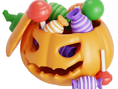 Halloween Decorative Ornament Set With Pumpkin Container Colorful Candies And Open Lid 3d model