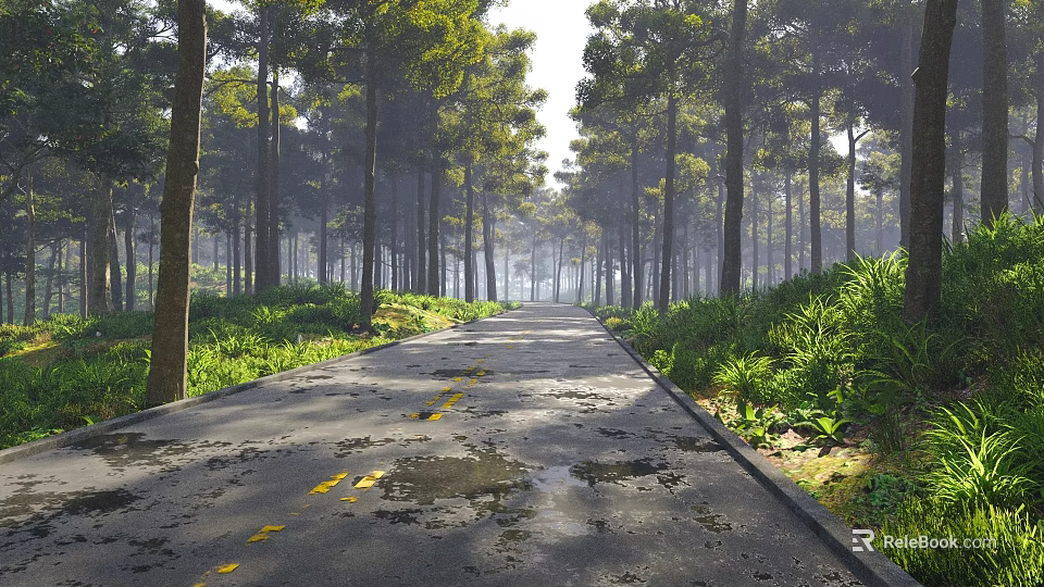Arbor Trees Lined Sunlit Forest Avenue With Grassy Sides And Country Road 3d model 