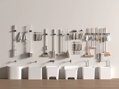 Essential Bathroom Accessories With Toilet Brushes Cleaning Tools Towel Racks And Hooks 3d model