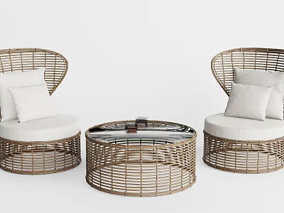 Modern Rattan Casual Sofa Set With White Cushions And Round Coffee Table 3d model