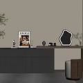 Modern Gray Dressing Table With Drawer Cabinet Irregular Mirror Potted Plant And Brown Stool 3d model