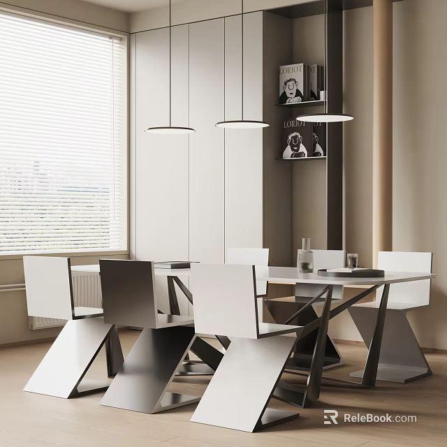 Modern Dining Table Set With White Black Chairs Pendant Lights And Bookshelf By Window 3d model 