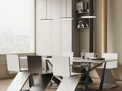 Modern Dining Table Set With White Black Chairs Pendant Lights And Bookshelf By Window 3d model