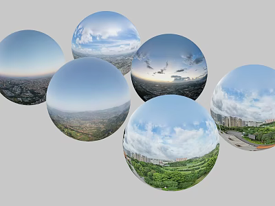Spherical Panoramic Scenery Showcasing City Skyline Green Fields And Urban Views 3d model