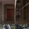 Luxury Clubhouse Interior With Elevators Golden Accents Marble Flooring And Dark Walls