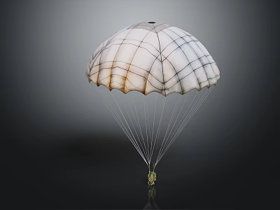 White Parachute with Black Grid Lines Wrinkled Canopy Suspension Lines and Small Object Below 3d model