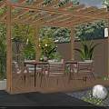 Wooden Pergola Outdoor Dining Area With Table Chairs Plants And Fence