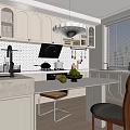 Modern Kitchen Interior With White Cabinets Marble Island Pendant Light And City View