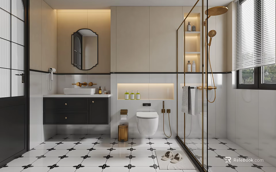 Modern Bathroom Interior With Black White Star Patterned Floor And Golden Fixtures 3d model 