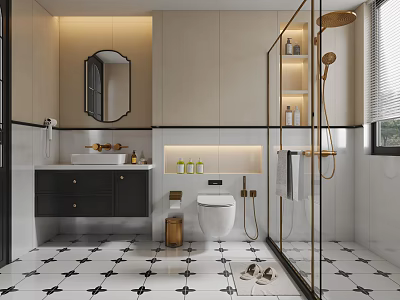 Modern Bathroom Interior With Black White Star Patterned Floor And Golden Fixtures 3d model