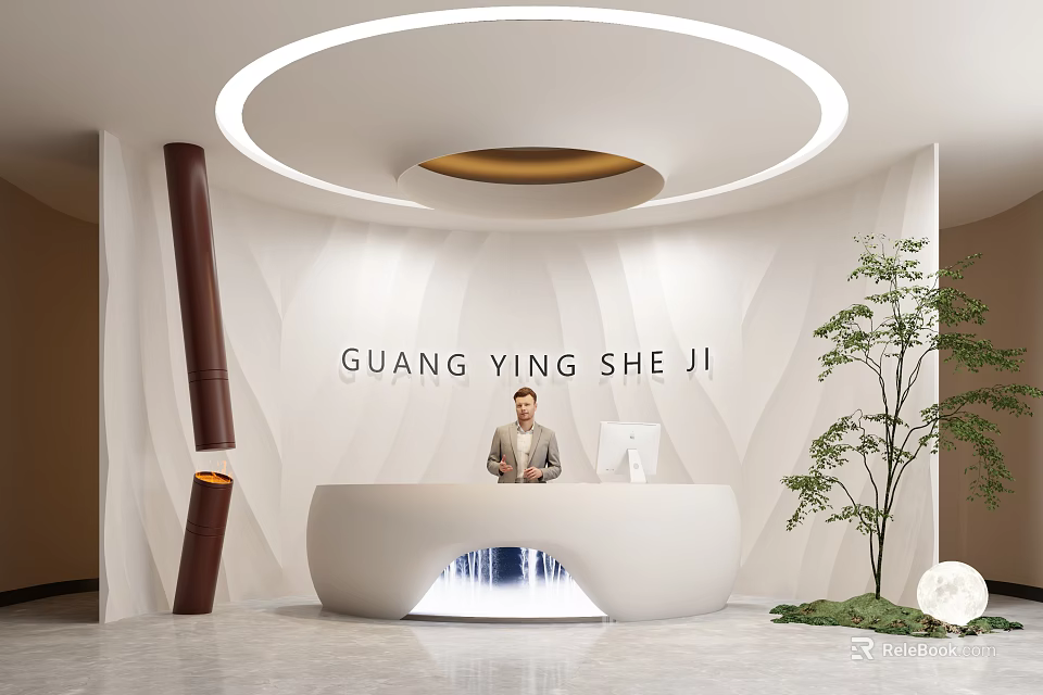 Modern Office Reception Area With Receptionist At White Desk Circular Ceiling Light And Potted Plant 3d model 