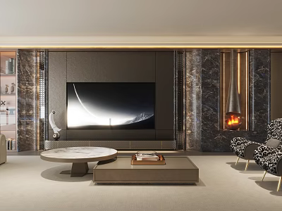 Modern Luxury Living Room With Marble TV Wall Cozy Fireplace And Stylish Comfortable Home Interior 3d model