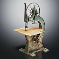 Vintage Industrial Bandsaw Equipment With Metal Frame Wooden Table Cutting Blade And Wheel