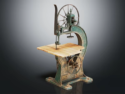 Vintage Industrial Bandsaw Equipment With Metal Frame Wooden Table Cutting Blade And Wheel 3d model