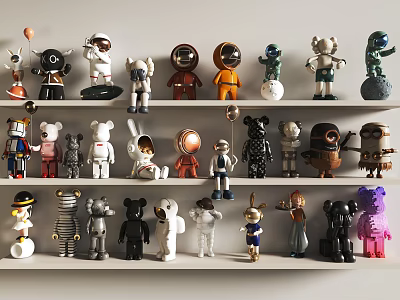 Colorful Collectible Figurines Displayed On White Shelves With Astronaut Animal Robot And Diverse Character Designs 3d model