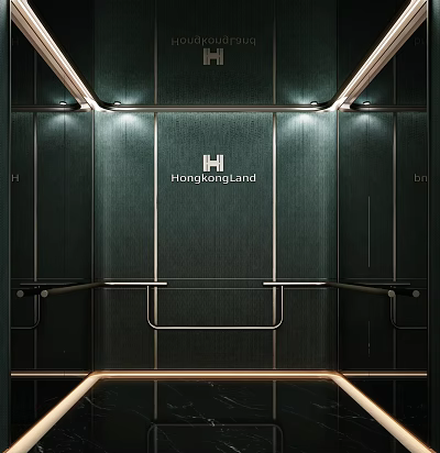 Elevator Lobby Interior With Dark Green Walls Branding And Lights 3d model