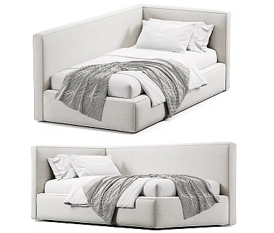 Modern Single Bed With Light Colored Upholstered Headboard White Pillows And Gray Blanket 3d model