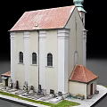 Detailed White Church Model With Brown Roof Tower Green Spire And Lawn