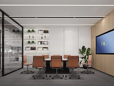 Modern Conference Room Interior With Wooden Table Leather Chairs Large Screen And Green Plant 3d model