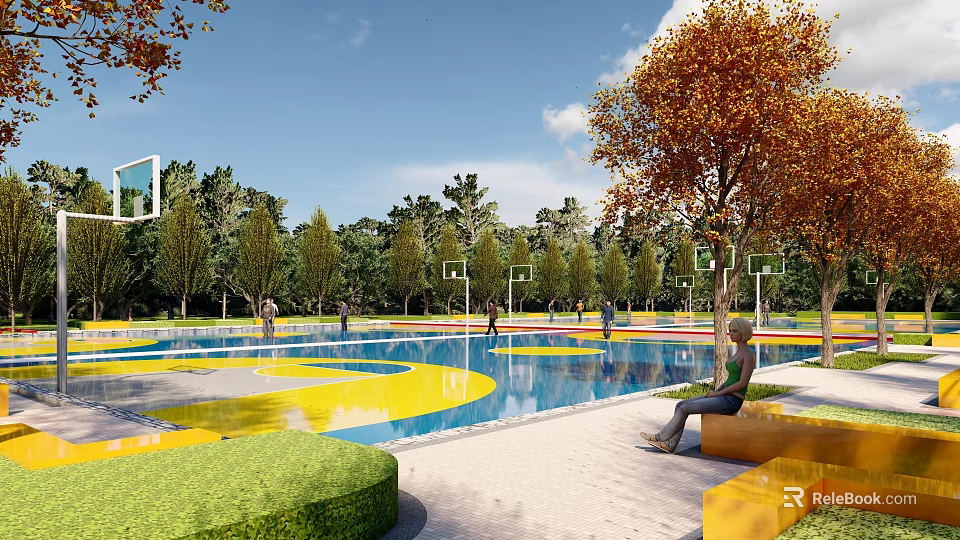 Outdoor Basketball Court With Blue And Yellow Flooring Surrounded By Trees And Seating Areas 3d model 