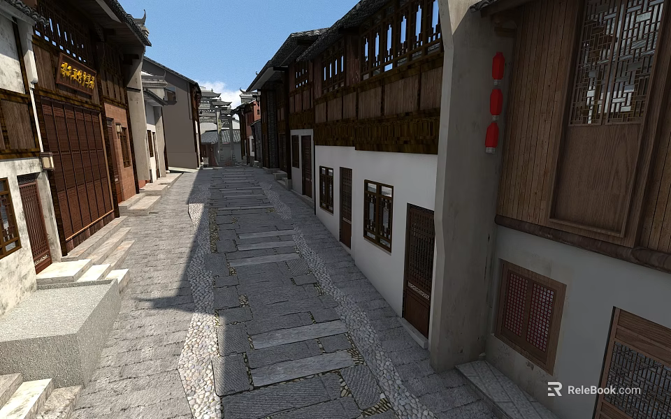 Traditional Chinese Commercial Street With Stone Paved Road Red Lanterns White Walls And Wooden Windows 3d model 