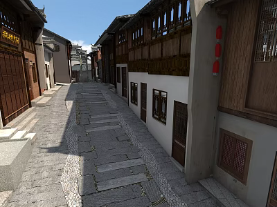 Traditional Chinese Commercial Street With Stone Paved Road Red Lanterns White Walls And Wooden Windows 3d model