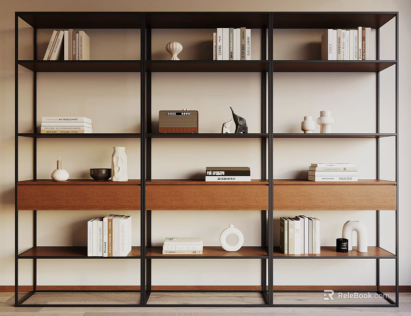 Modern Bookshelf with Black Metal Frame Wooden Shelves Books Drawers and Decorative Items 3d model 