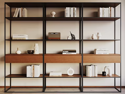 Modern Bookshelf with Black Metal Frame Wooden Shelves Books Drawers and Decorative Items 3d model