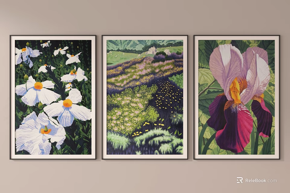 Wall Decor With Landscape And Floral Art Paintings 3d model 